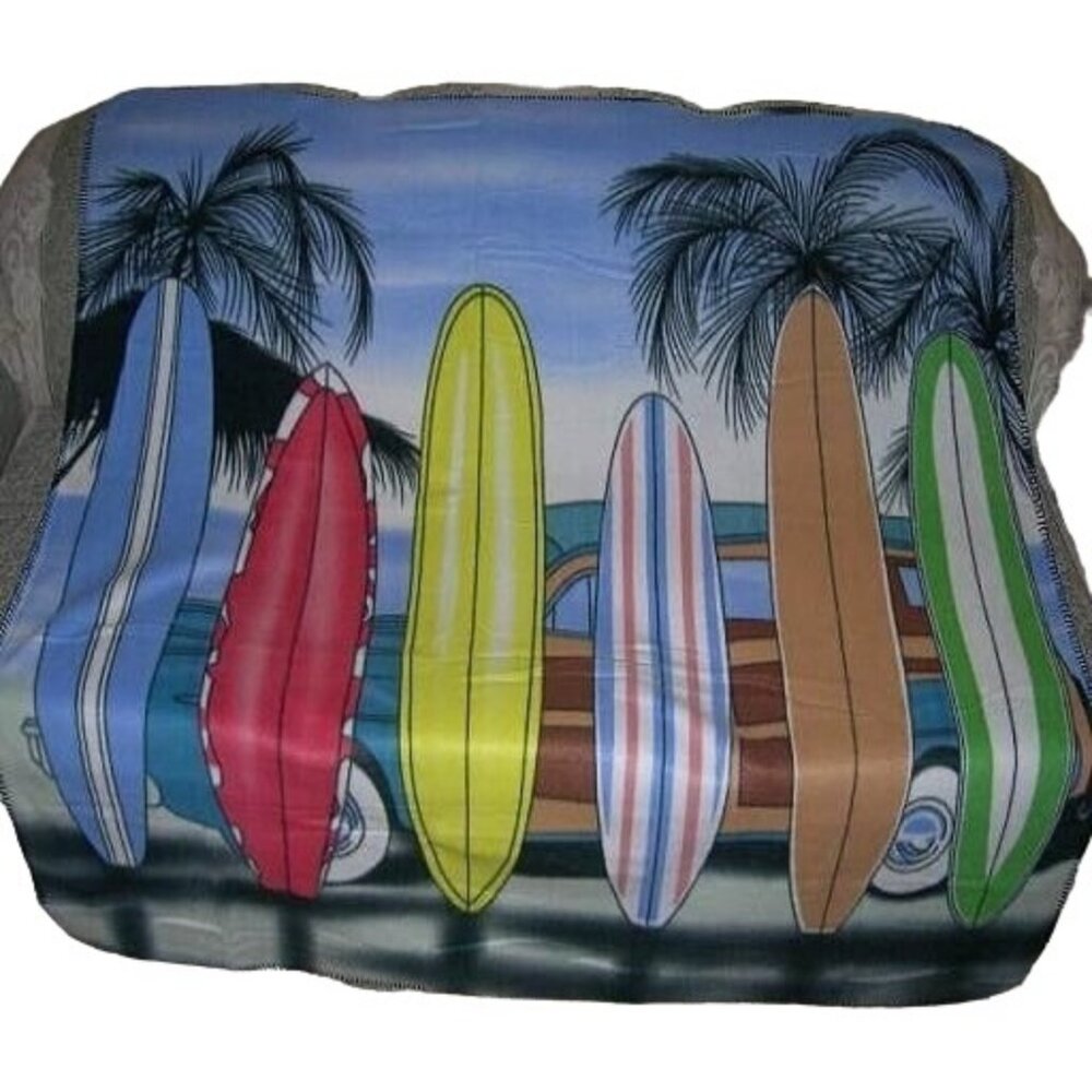 New Surfboard Beach Palm Tree Scene Fleece Blanket Surfer Gift Surf Board NIP